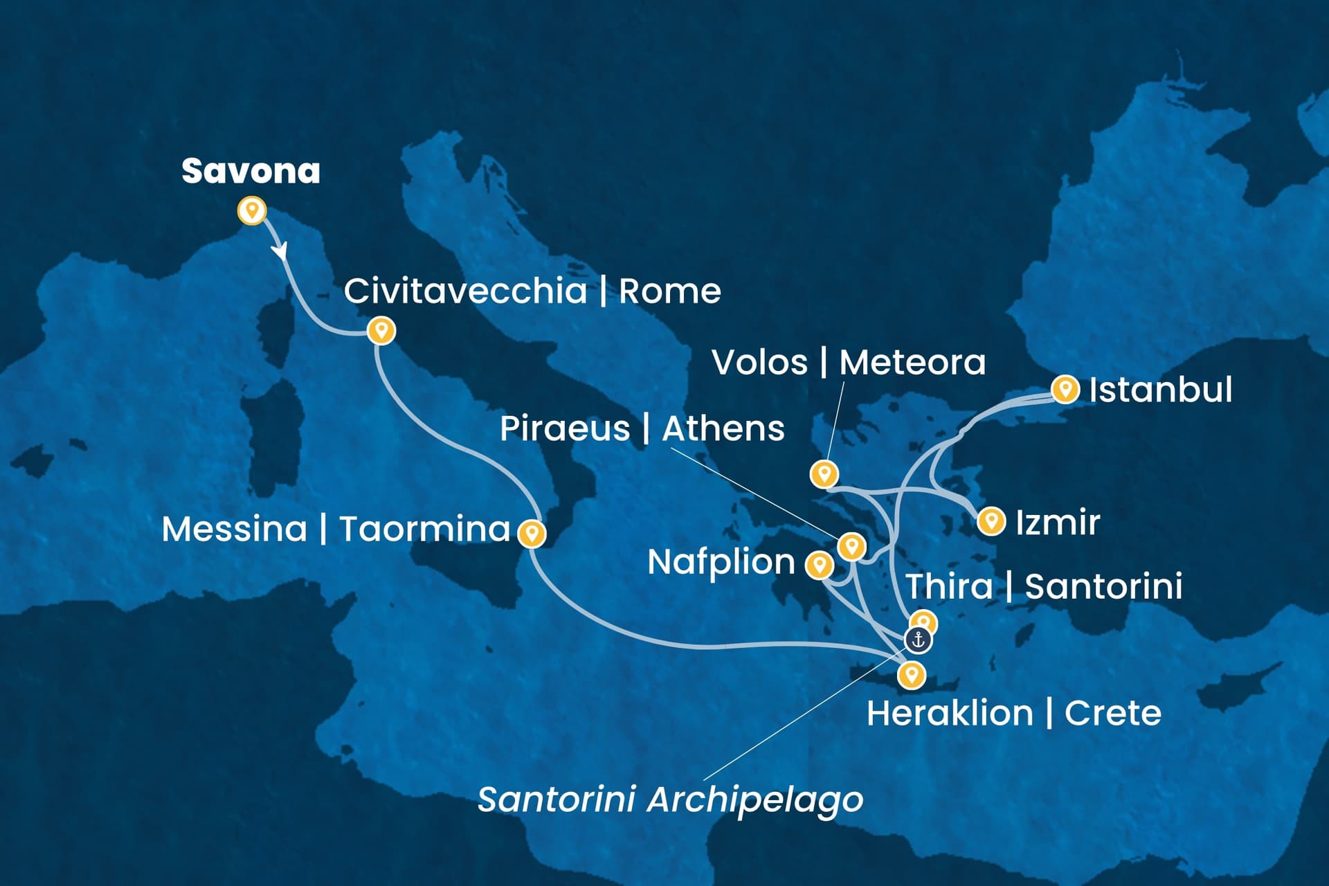 12 nights cruise on Costa Pacifica 
from 🇮🇹 Savona to 🇬🇷 Piraeus 