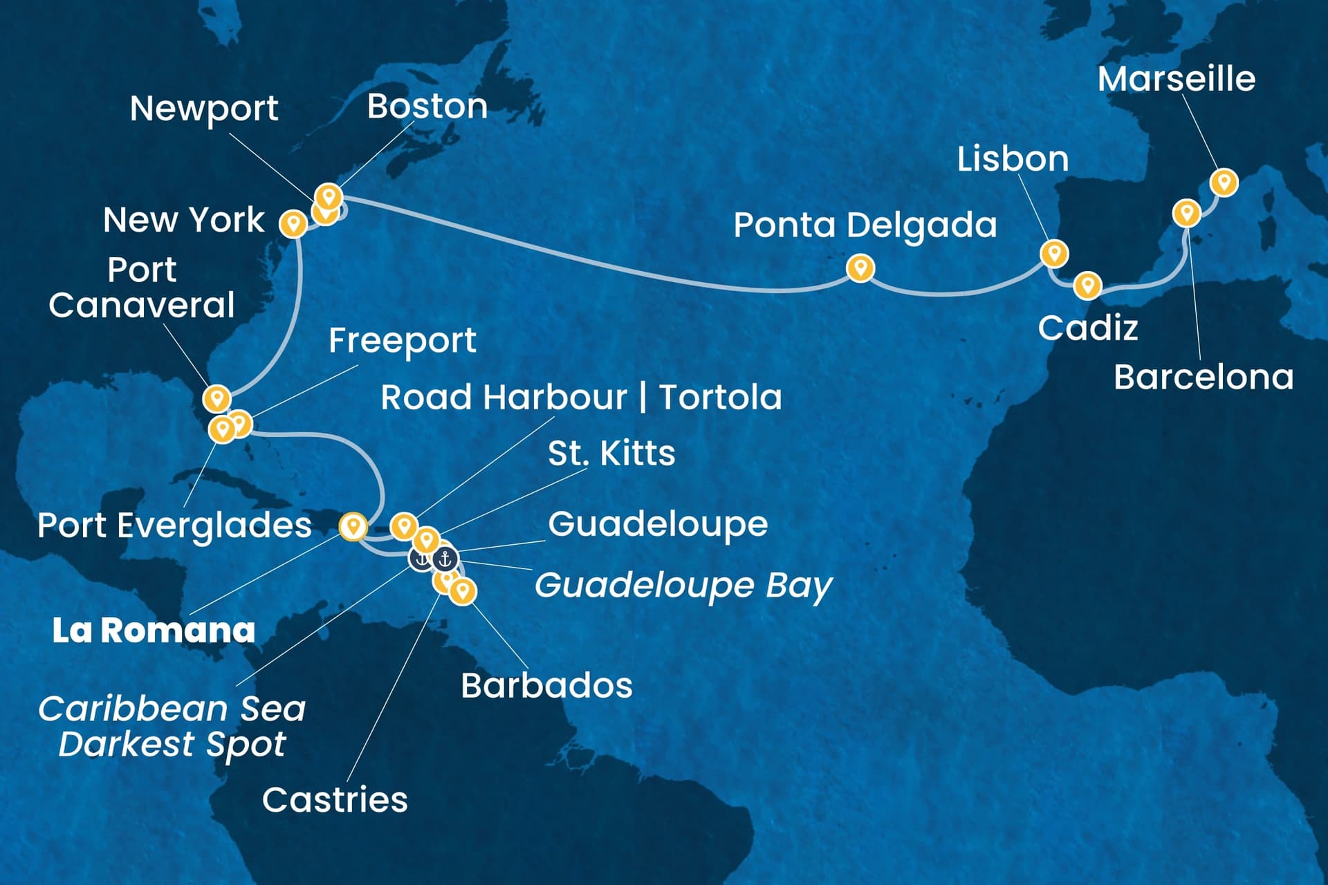 30 nights cruise on Costa Fascinosa 
from 🇩🇴 La Romana to 🇫🇷 Marseille 