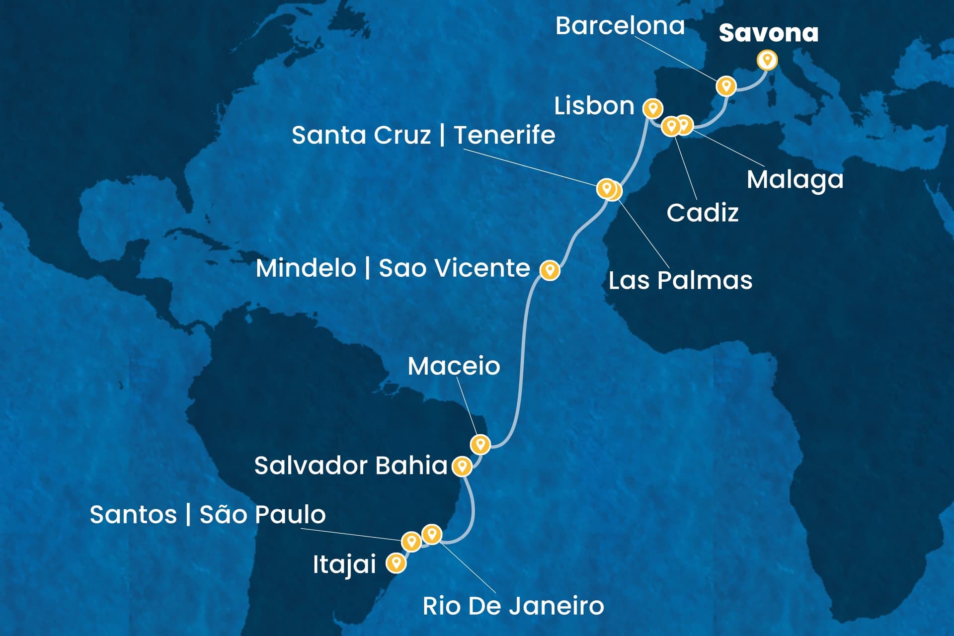 23 nights cruise on Costa Diadema
from ๐ฎ๐น Savona to ๐ง๐ท Itajaรญ