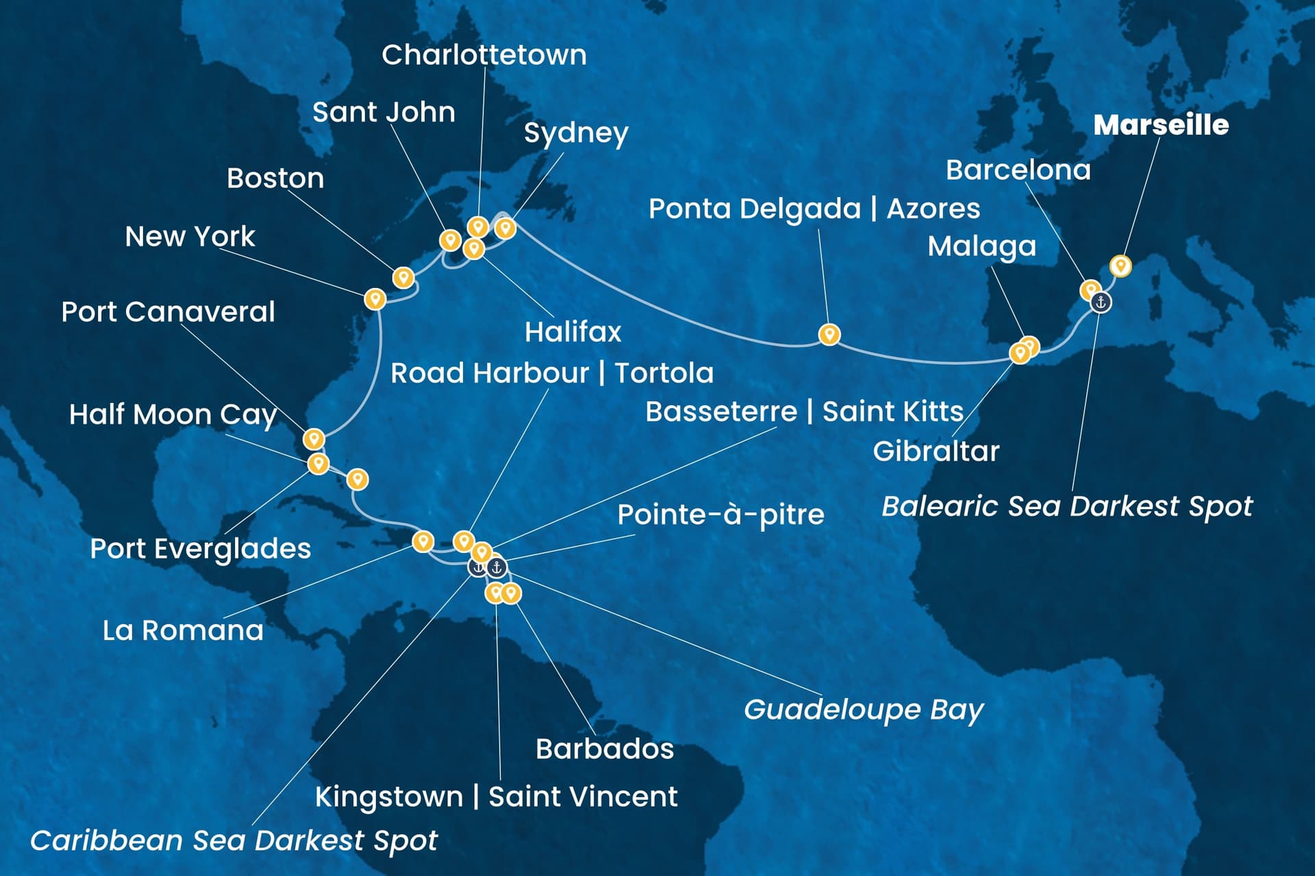 34 nights cruise on Costa Fascinosa 
from 🇫🇷 Marseille to 🇩🇴 La Romana 