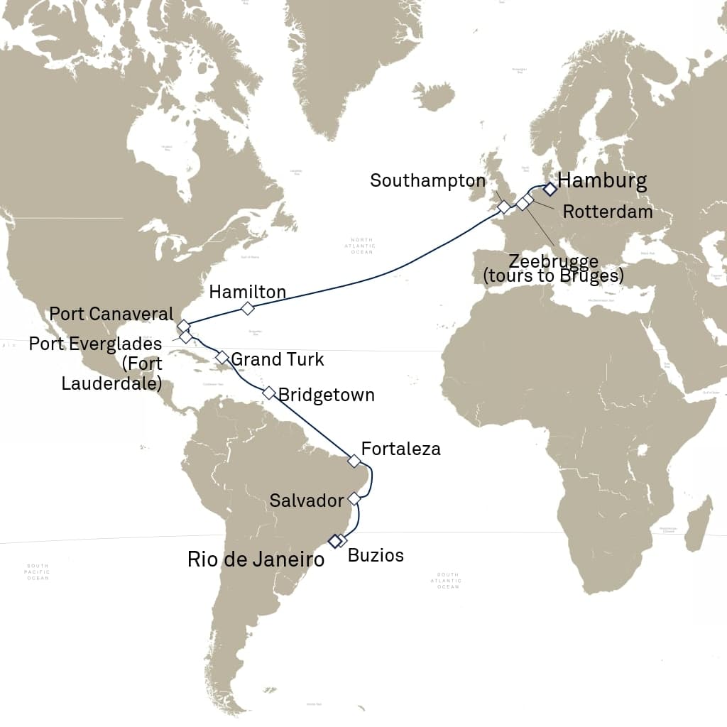 34 nights Extraordinary cruise on Queen Anne
from ๐ฉ๐ช Hamburg to ๐ง๐ท Rio de Janeiro