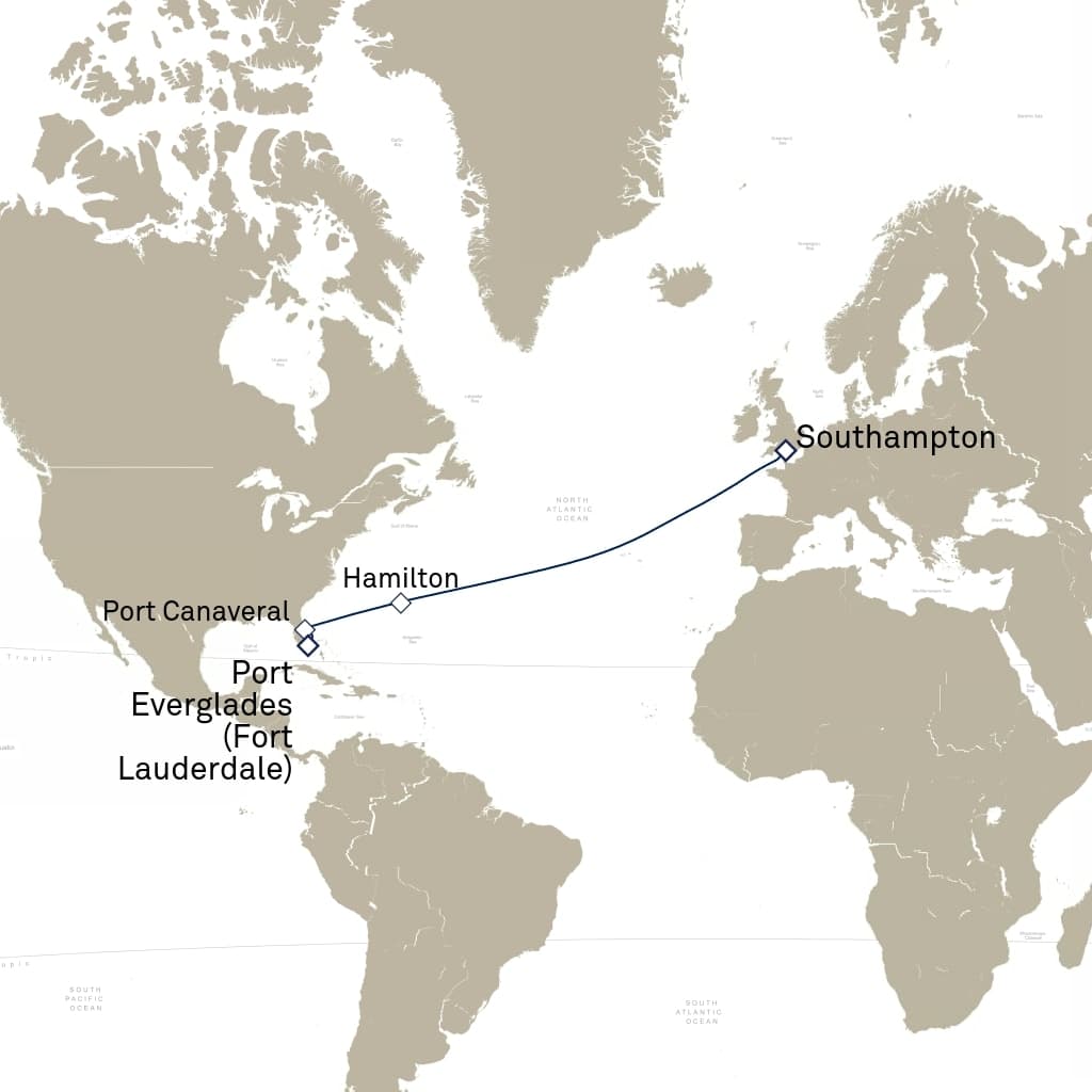 12 nights Extraordinary cruise on Queen Anne 
from 🇬🇧 Southampton to 🇺🇸 Fort Lauderdale 