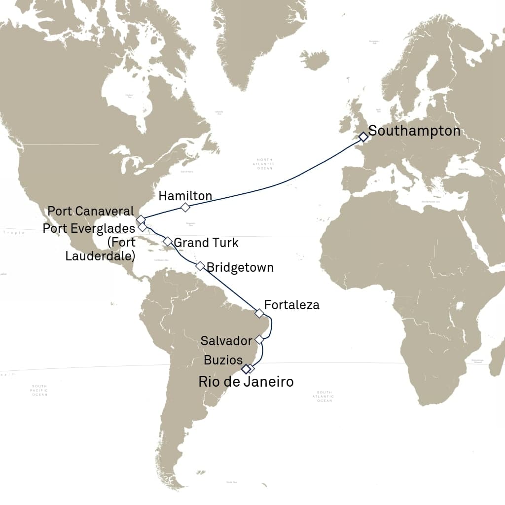 29 nights Extraordinary cruise on Queen Anne 
from 🇬🇧 Southampton to 🇧🇷 Rio de Janeiro 