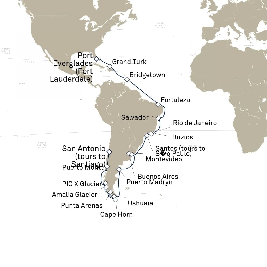 37 nights South American cruise on Queen Anne 
from 🇺🇸 Fort Lauderdale to 🇨🇱 San Antonio 