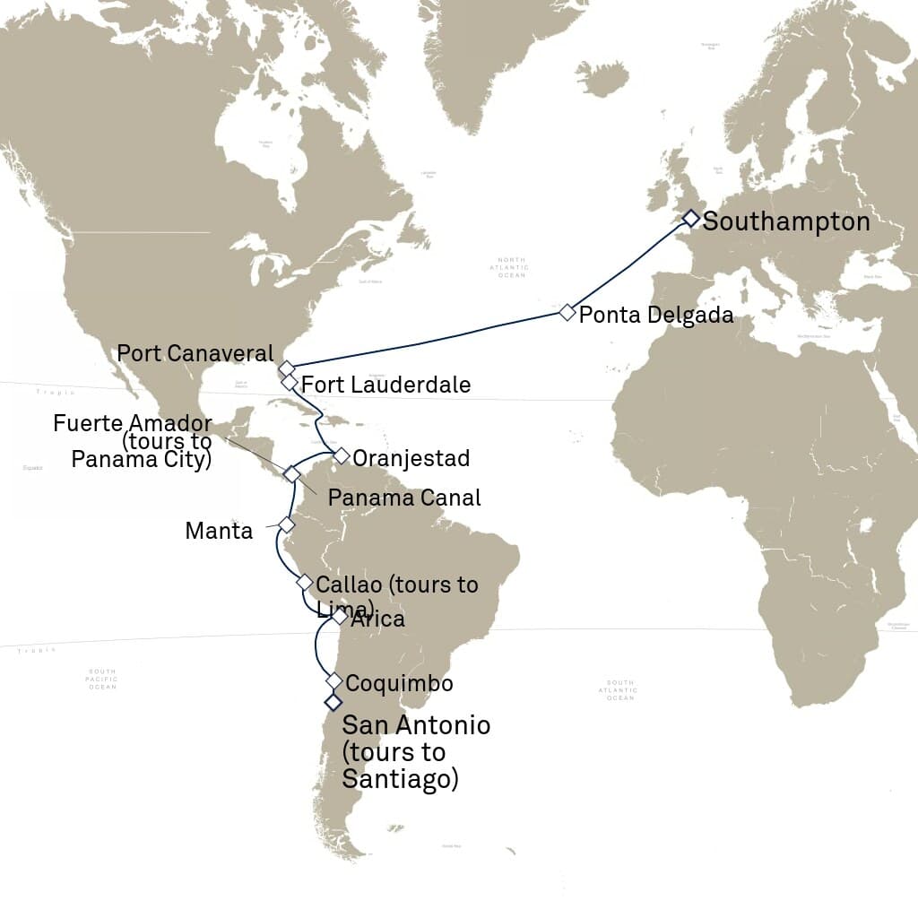 33 nights South American cruise on Queen Anne 
from 🇨🇱 San Antonio to 🇬🇧 Southampton 