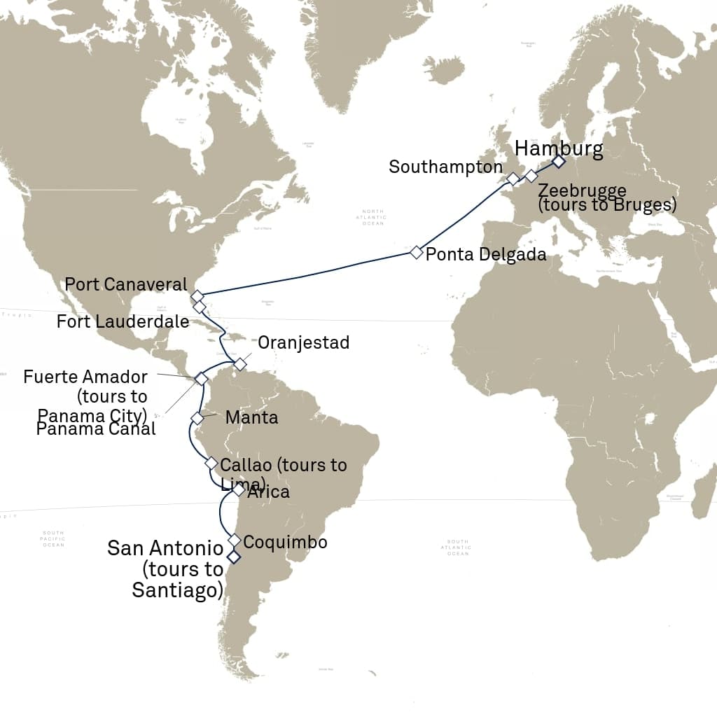 36 nights Extraordinary cruise on Queen Anne 
from 🇨🇱 San Antonio to 🇩🇪 Hamburg 