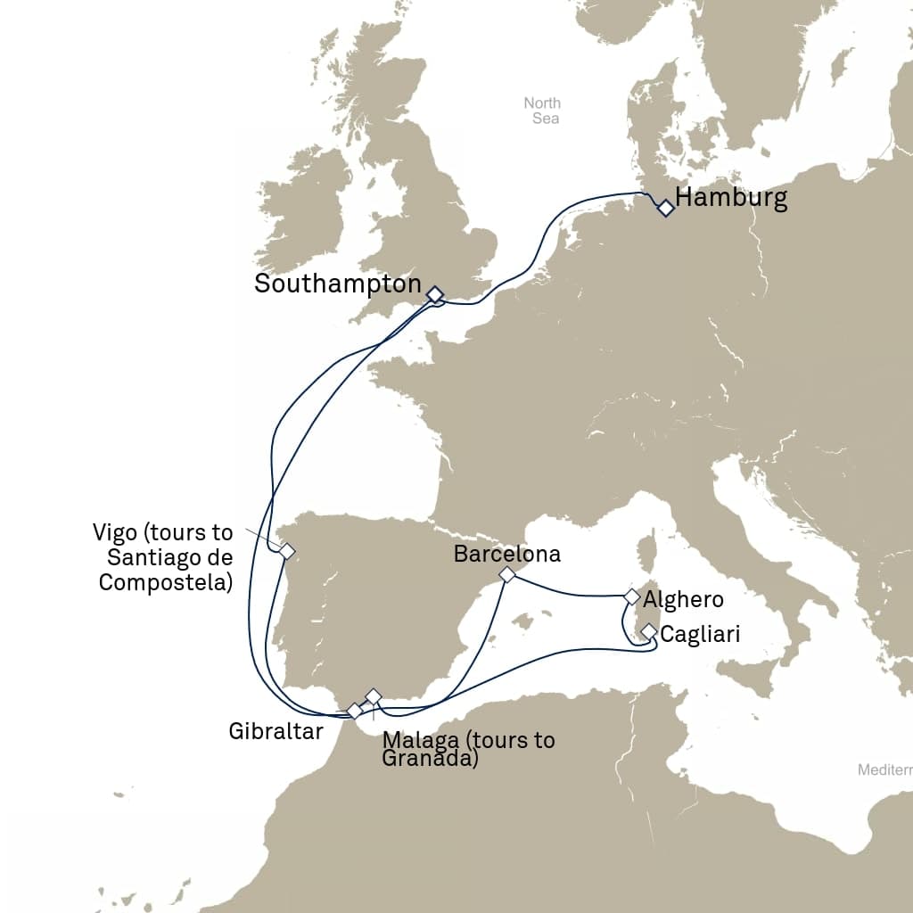 16 nights Mediterranean cruise on Queen Anne 
from 🇩🇪 Hamburg to 🇬🇧 Southampton 