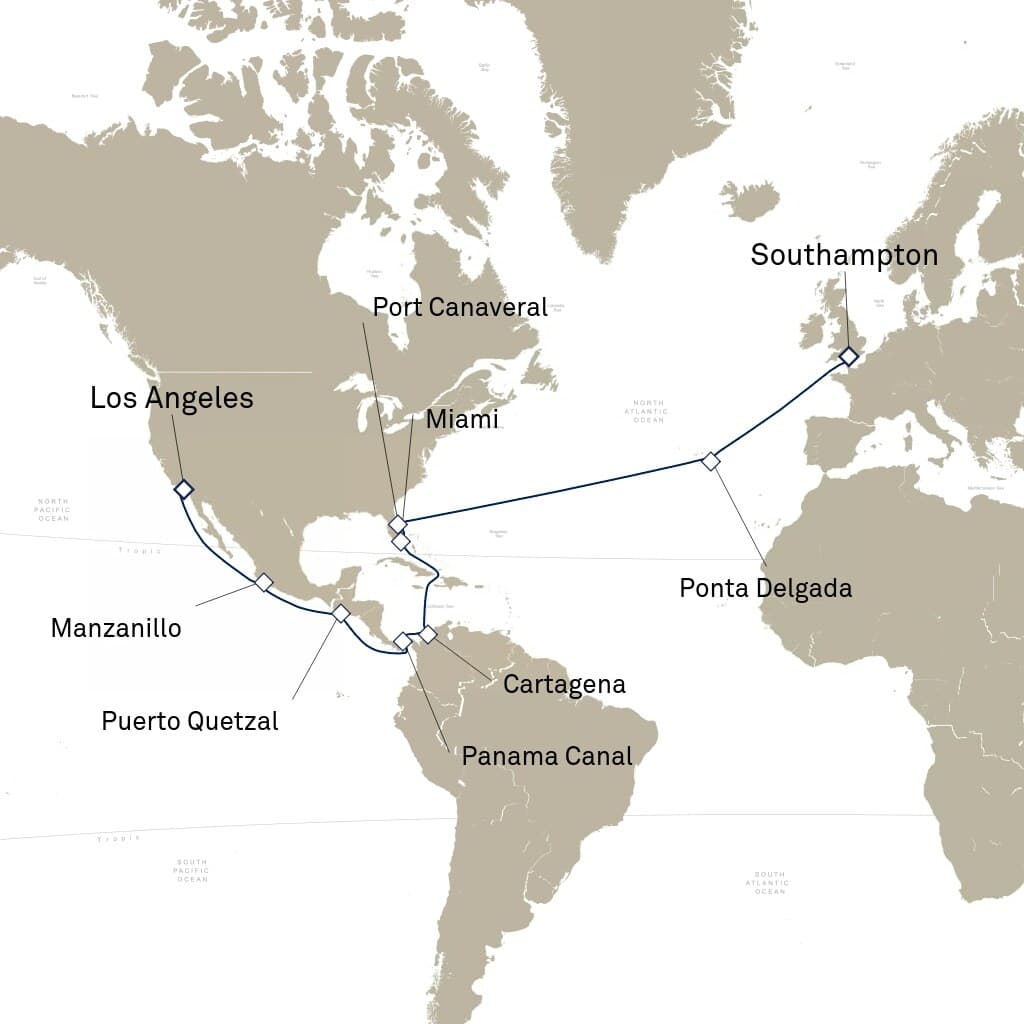 27 nights Extraordinary cruise on Queen Anne 
from 🇬🇧 Southampton to 🇺🇸 Los Angeles 