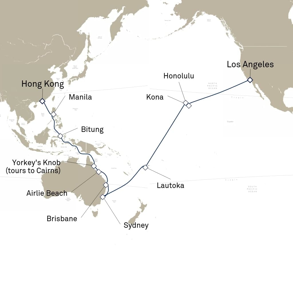 36 nights Extraordinary cruise on Queen Anne 
from 🇺🇸 Los Angeles to 🇭🇰 Hong Kong 