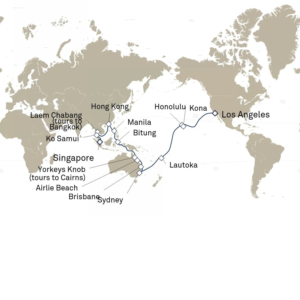 46 nights Extraordinary cruise on Queen Anne
from ๐บ๐ธ Los Angeles to ๐ธ๐ฌ Singapore