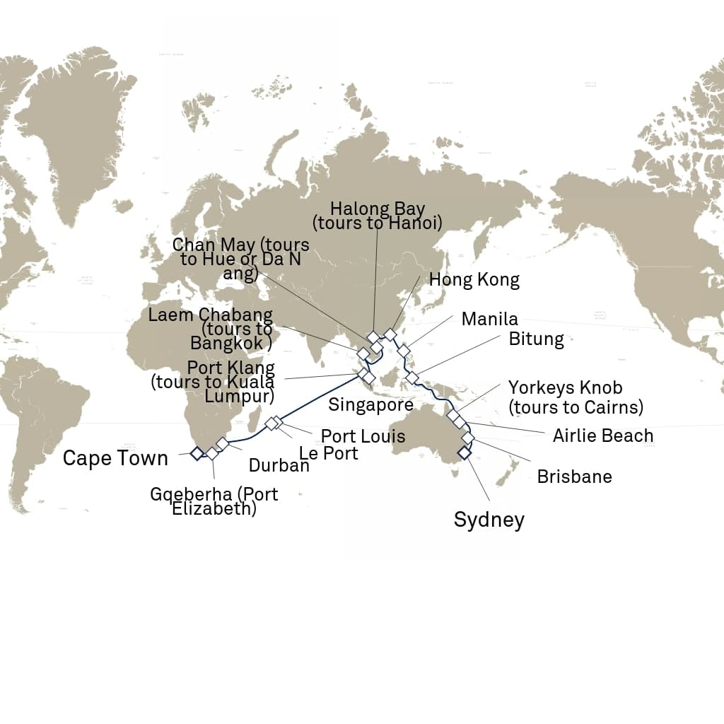 48 nights Extraordinary cruise on Queen Anne 
from 🇦🇺 Sydney to 🇿🇦 Cape Town 