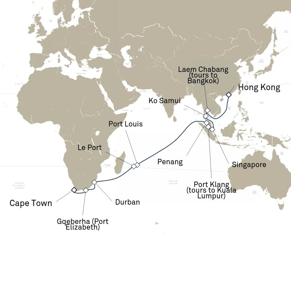 31 nights Asian cruise on Queen Anne 
from 🇭🇰 Hong Kong to 🇿🇦 Cape Town 