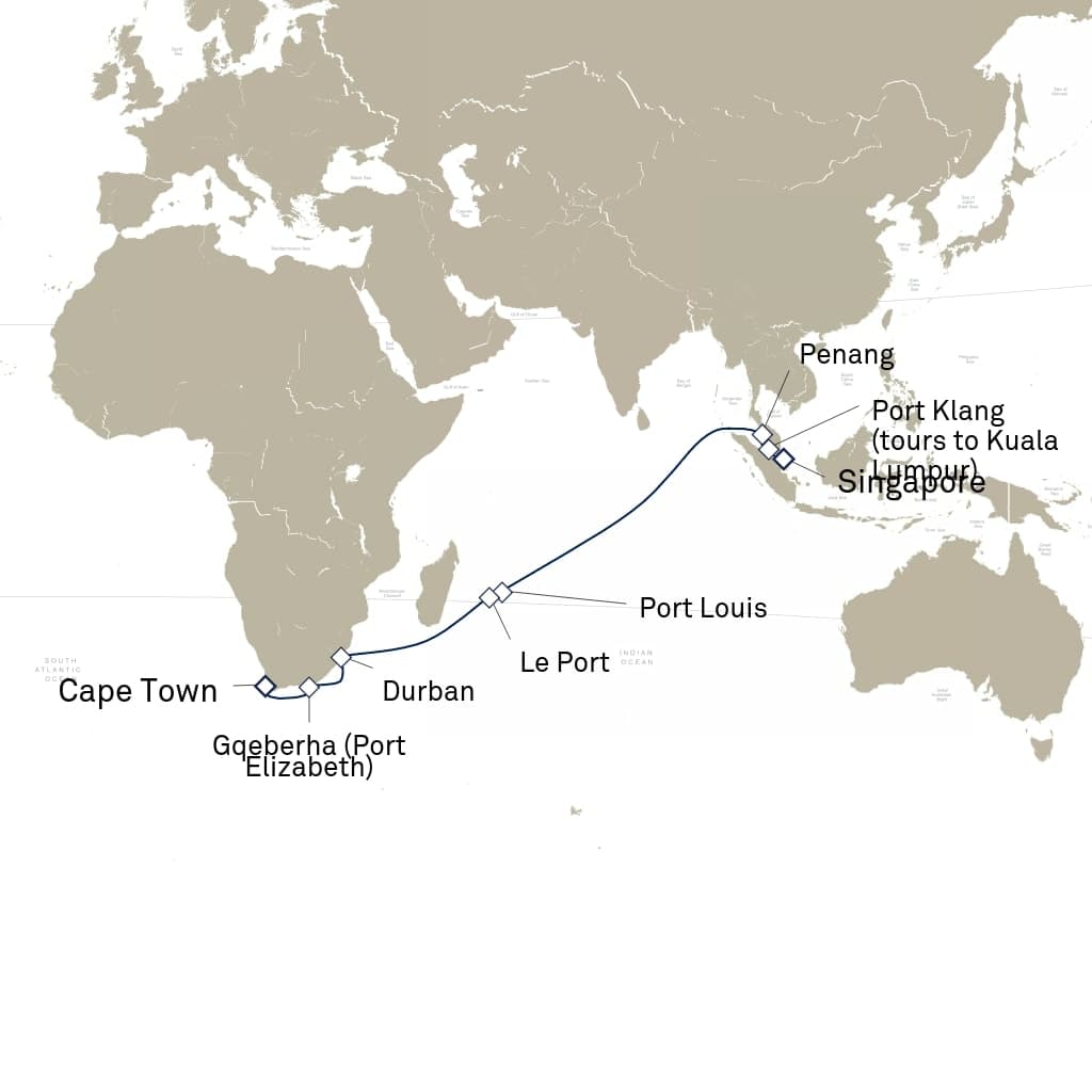 21 nights Asian cruise on Queen Anne 
from 🇸🇬 Singapore to 🇿🇦 Cape Town 