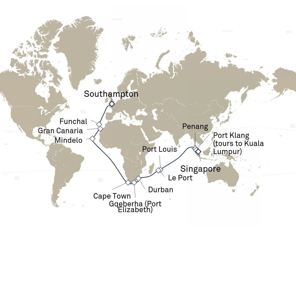 38 nights Extraordinary cruise on Queen Anne 
from 🇸🇬 Singapore to 🇬🇧 Southampton 