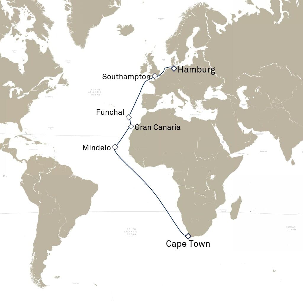 19 nights Asian cruise on Queen Anne 
from 🇿🇦 Cape Town to 🇩🇪 Hamburg 