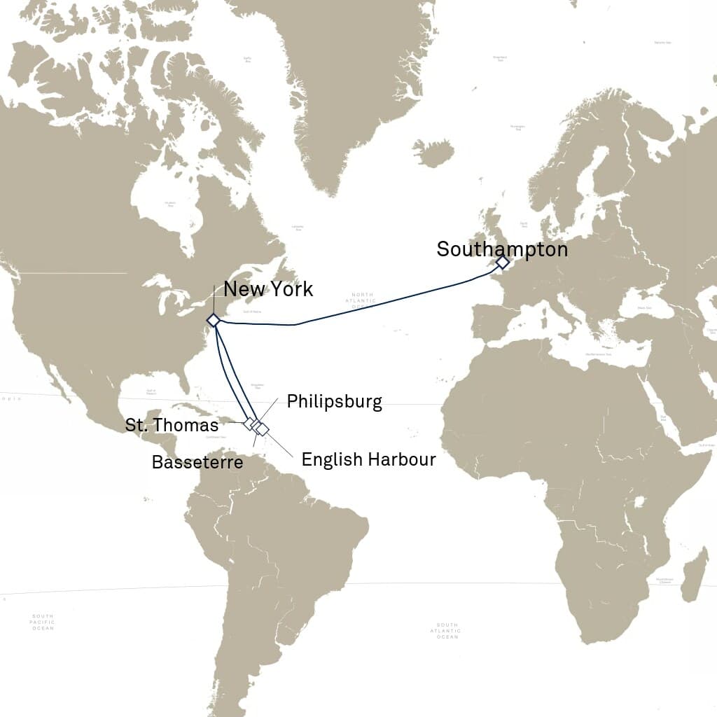 18 nights Caribbean cruise on Queen Mary 2 
from 🇬🇧 Southampton to 🇺🇸 New York 