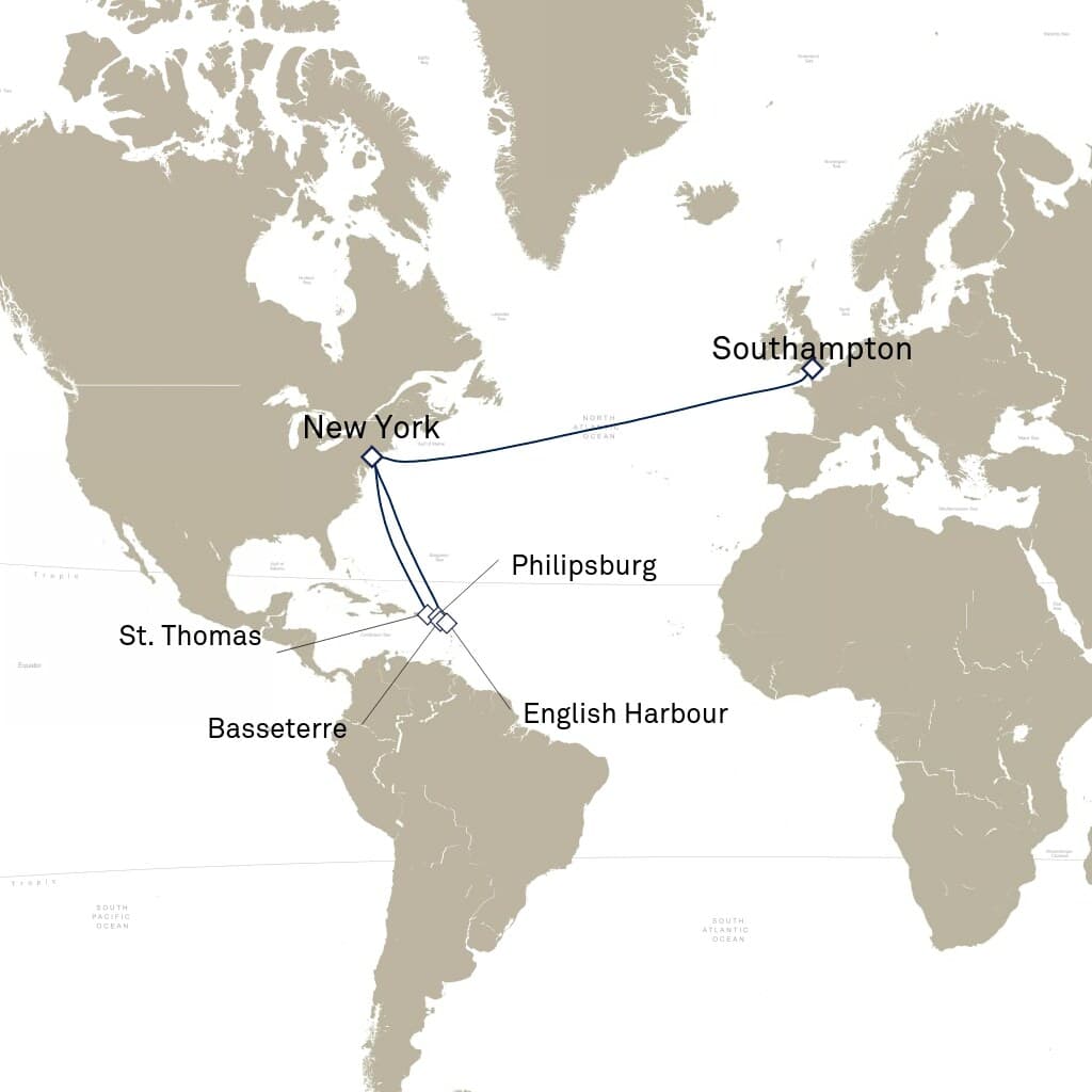 18 nights Caribbean cruise on Queen Mary 2 
from 🇺🇸 New York to 🇬🇧 Southampton 