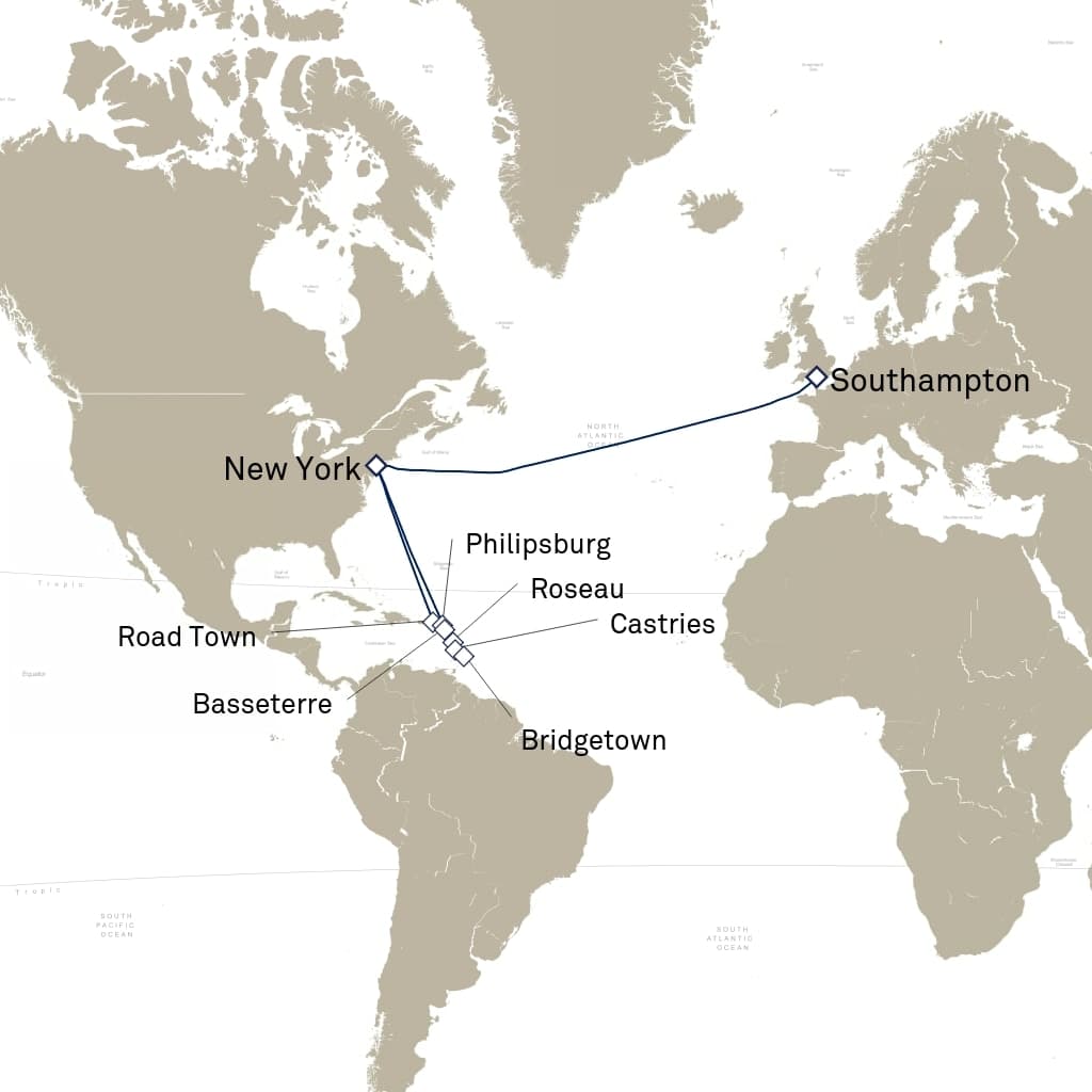 21 nights Caribbean cruise on Queen Mary 2 
from 🇬🇧 Southampton to 🇺🇸 New York 