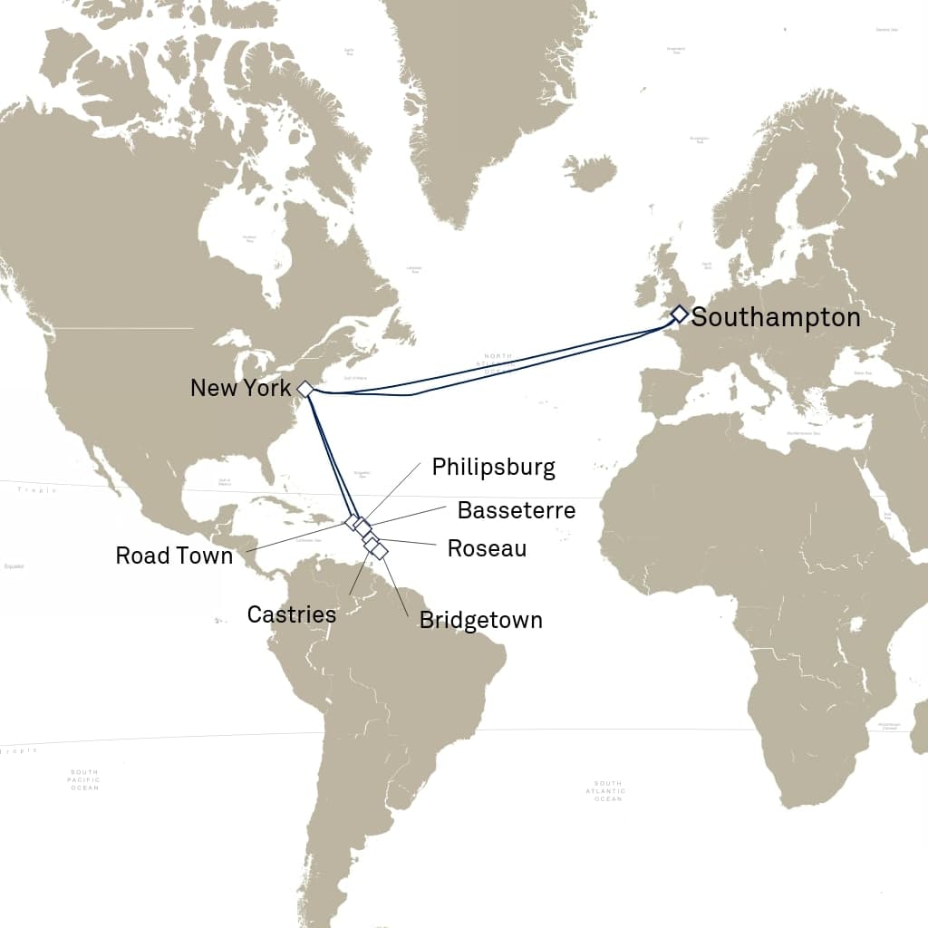30 nights Caribbean cruise on Queen Mary 2 
from 🇬🇧 Southampton 