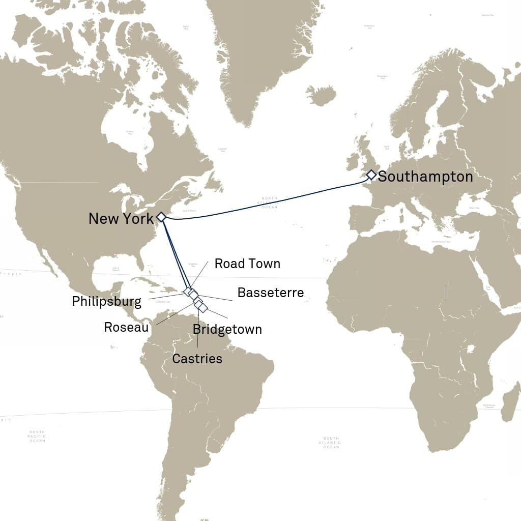 23 nights Caribbean cruise on Queen Mary 2 
from 🇺🇸 New York to 🇬🇧 Southampton 
