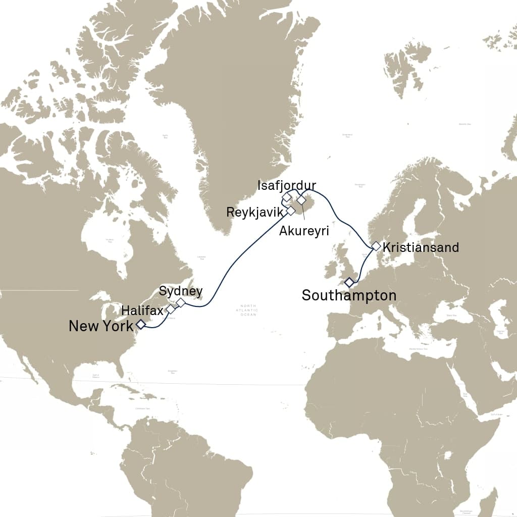 14 nights North European cruise on Queen Mary 2 
from 🇺🇸 New York to 🇬🇧 Southampton 