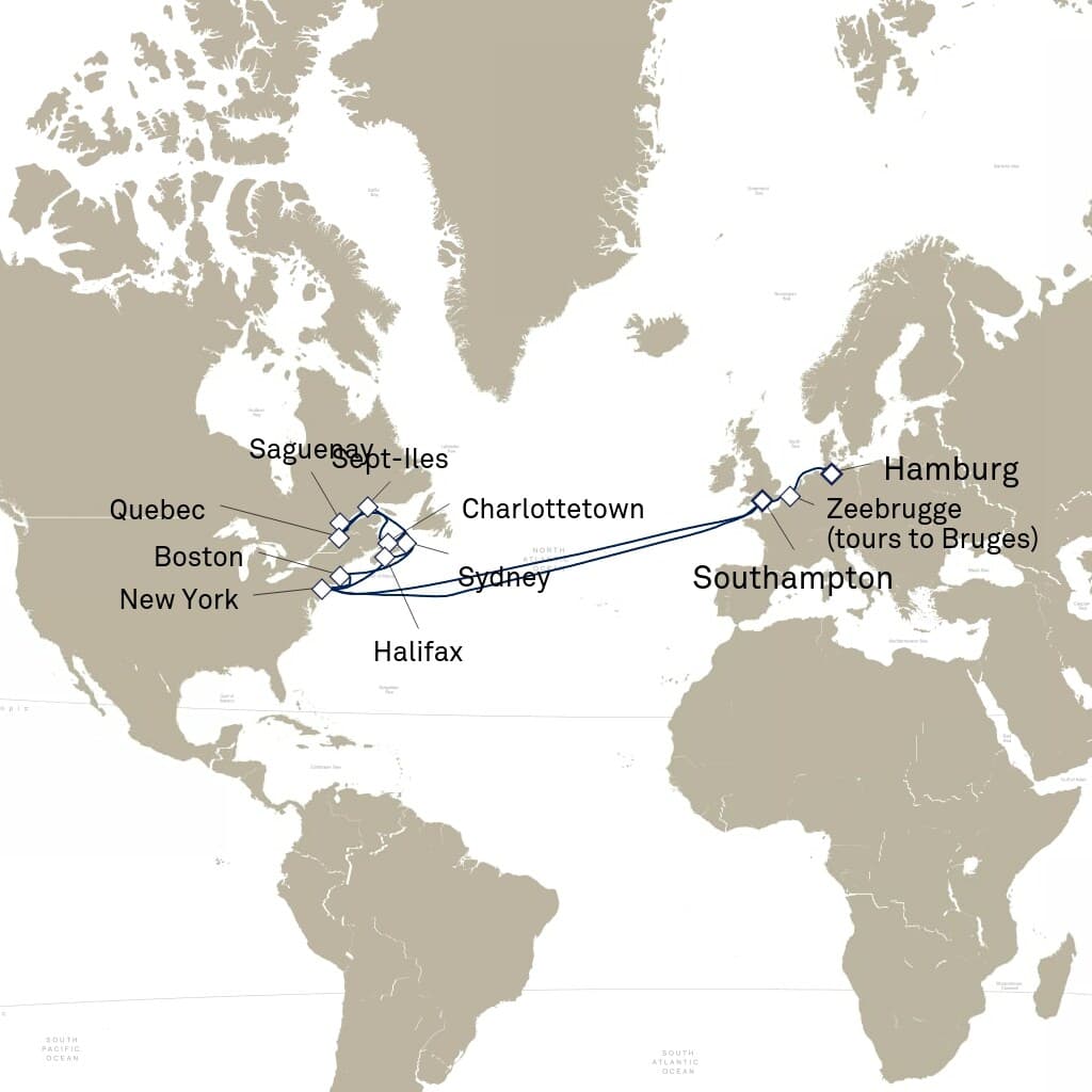 31 nights North East American cruise on Queen Mary 2 
from 🇬🇧 Southampton to 🇩🇪 Hamburg 