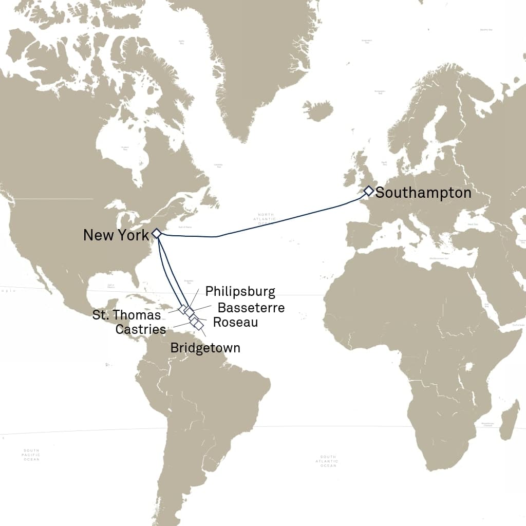 20 nights Caribbean cruise on Queen Mary 2 
from 🇬🇧 Southampton to 🇺🇸 New York 