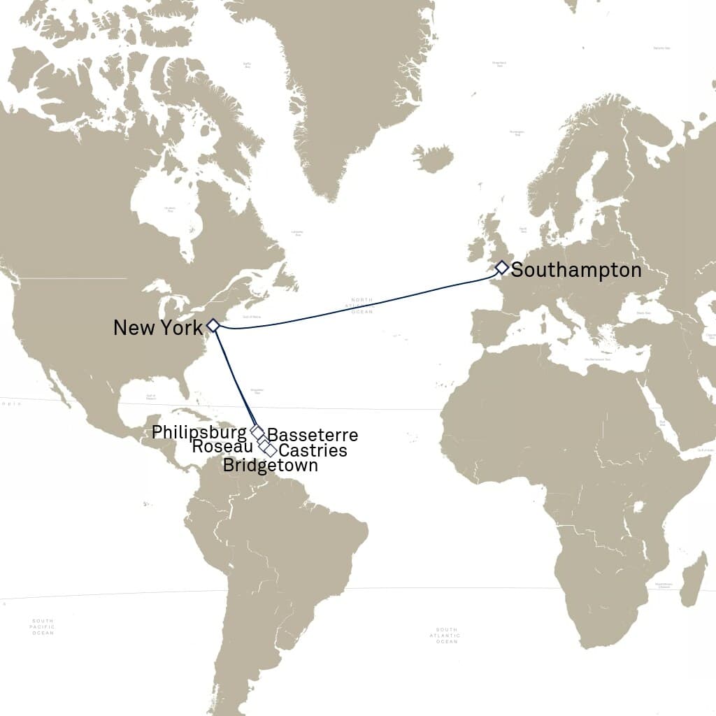 21 nights Caribbean cruise on Queen Mary 2 
from 🇺🇸 New York to 🇬🇧 Southampton 