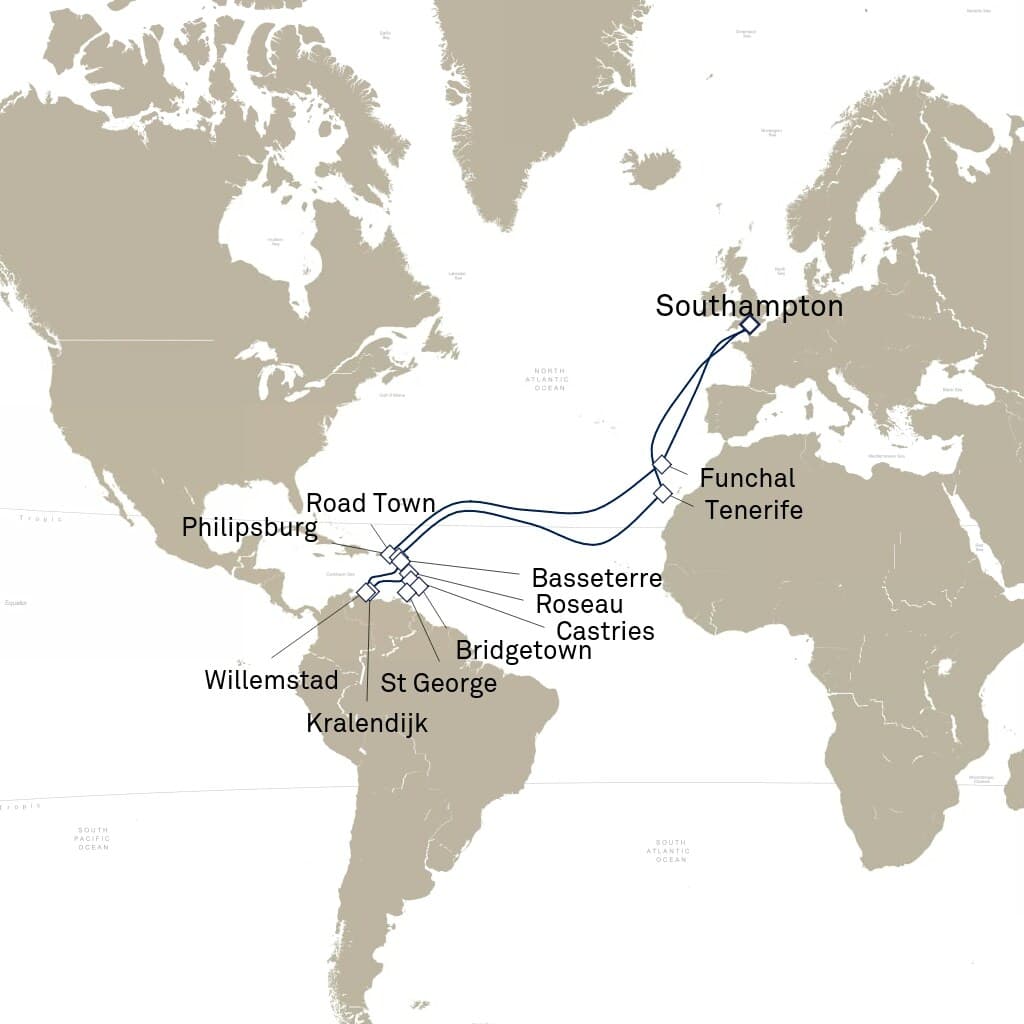 35 nights Caribbean cruise on Queen Mary 2 
from 🇬🇧 Southampton 