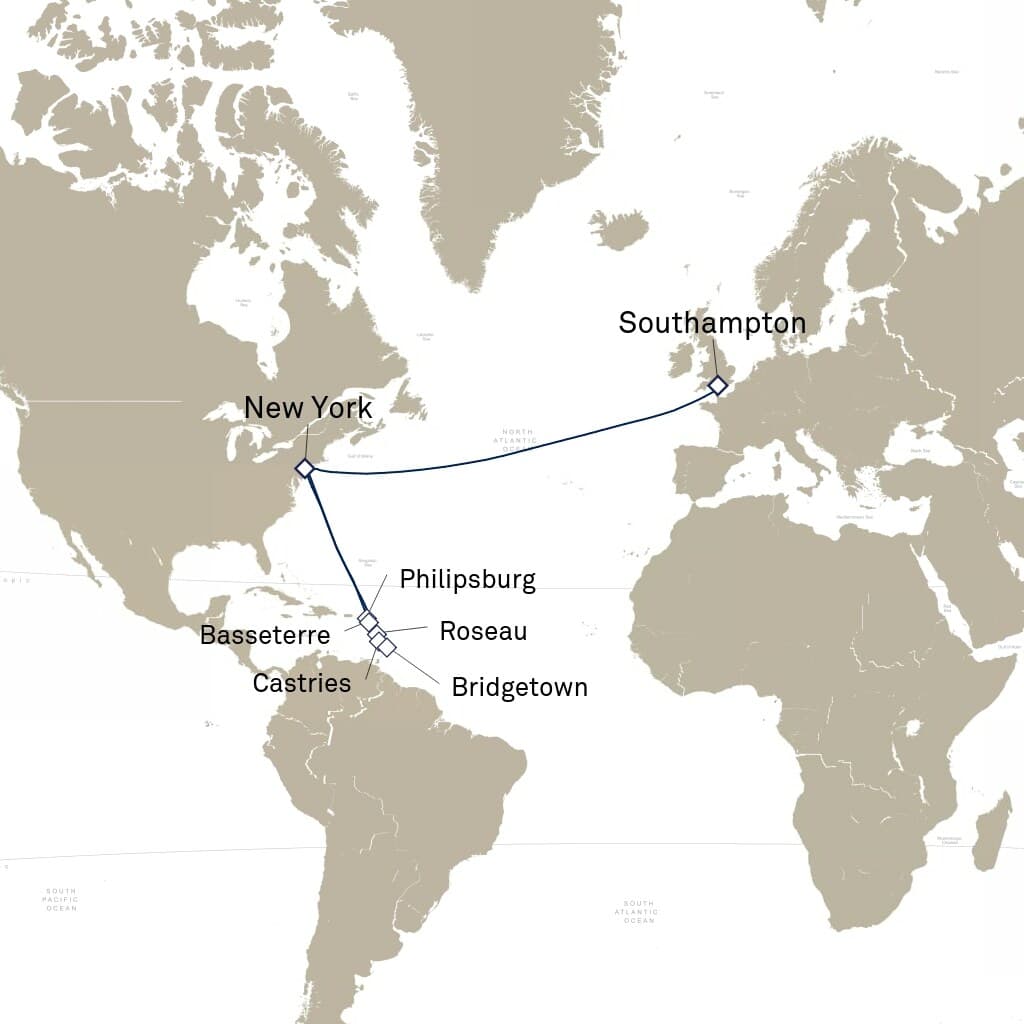 20 nights Caribbean cruise on Queen Mary 2 
from 🇬🇧 Southampton to 🇺🇸 New York 