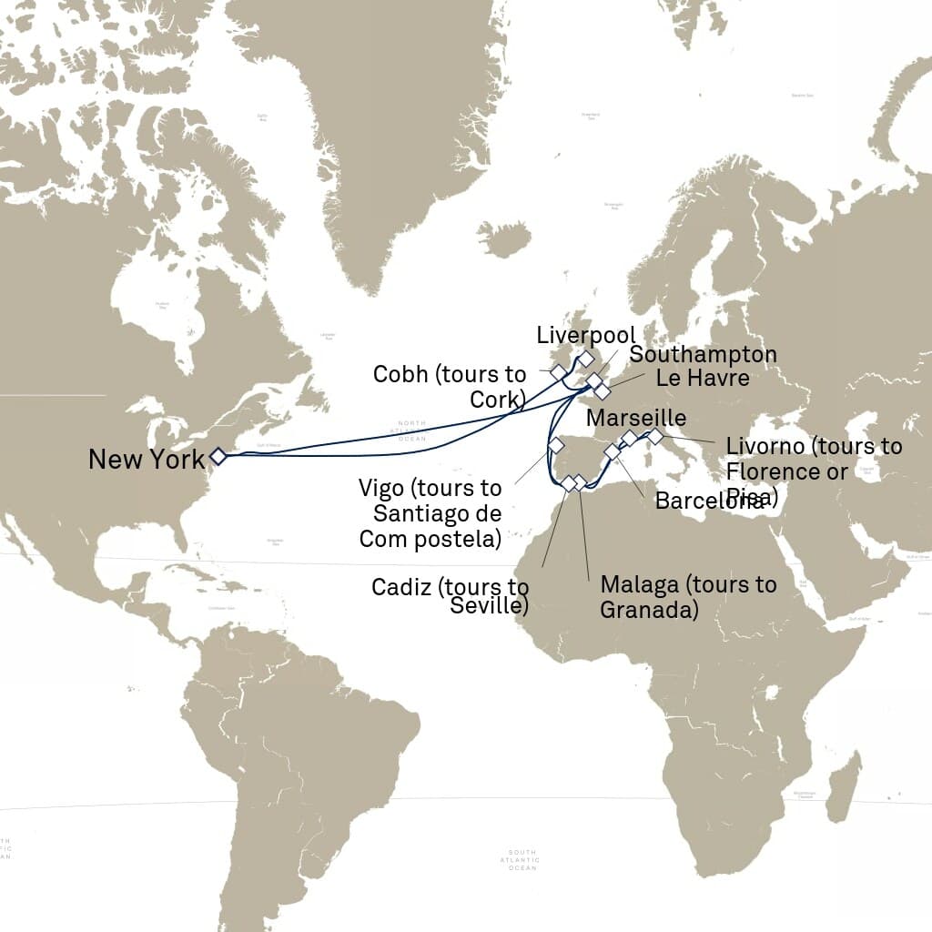 34 nights Mediterranean cruise on Queen Mary 2 
from 🇺🇸 New York 