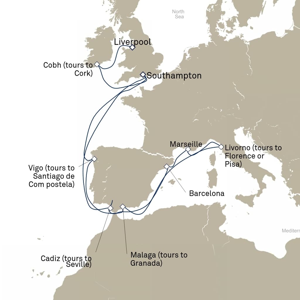 18 nights Mediterranean cruise on Queen Mary 2 
from 🇬🇧 Liverpool to 🇬🇧 Southampton 
