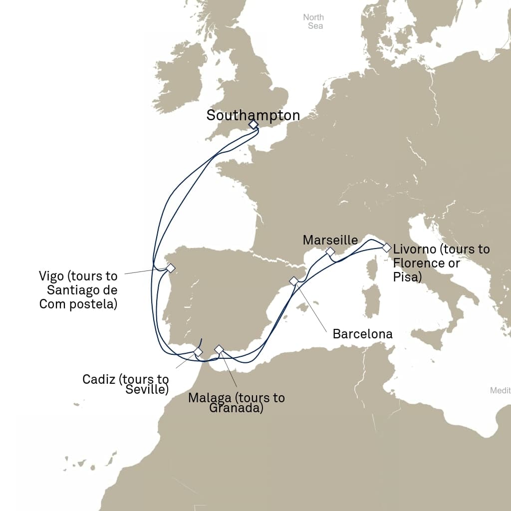 14 nights Mediterranean cruise on Queen Mary 2 
from 🇬🇧 Southampton 