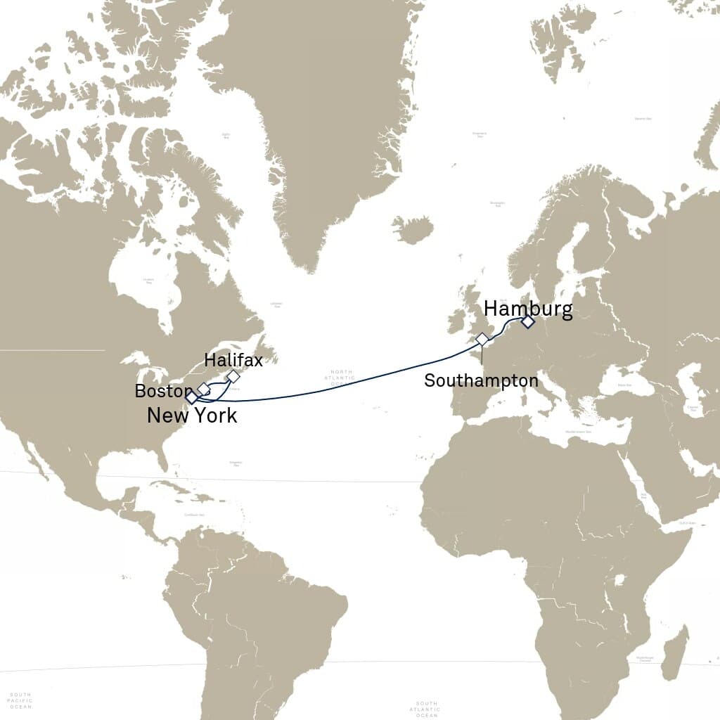 16 nights North East American cruise on Queen Mary 2 
from 🇩🇪 Hamburg to 🇺🇸 New York 