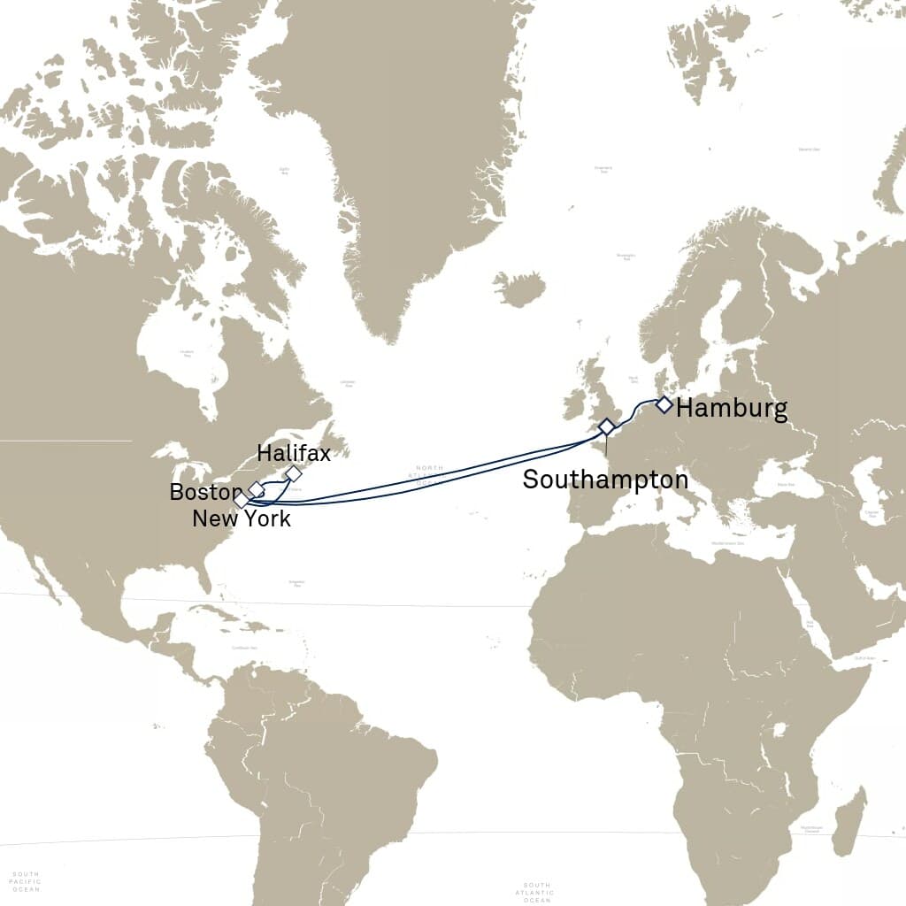 23 nights North East American cruise on Queen Mary 2 
from 🇩🇪 Hamburg to 🇬🇧 Southampton 