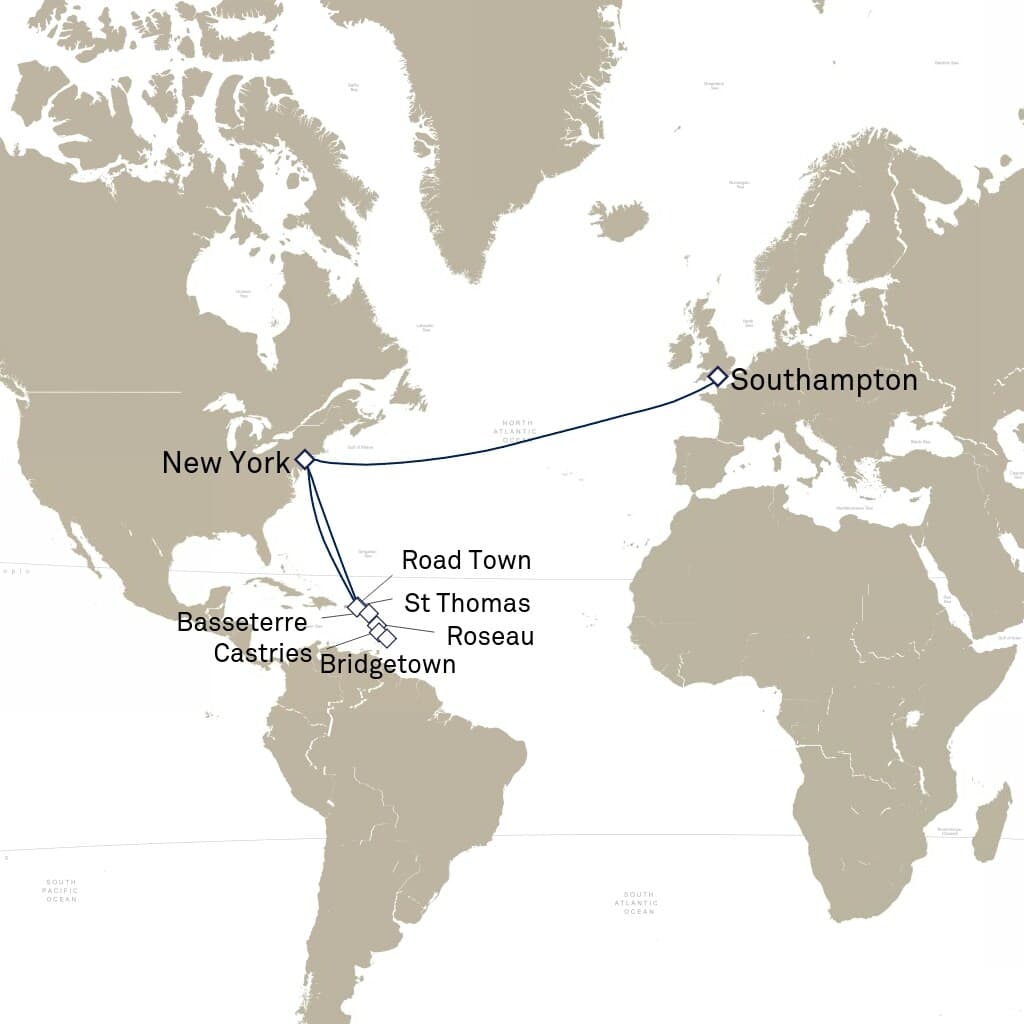 21 nights Caribbean cruise on Queen Mary 2 
from 🇬🇧 Southampton to 🇺🇸 New York 