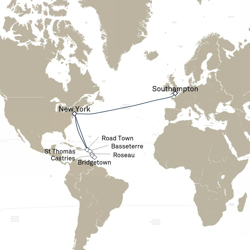 21 nights Caribbean cruise on Queen Mary 2 
from 🇺🇸 New York to 🇬🇧 Southampton 