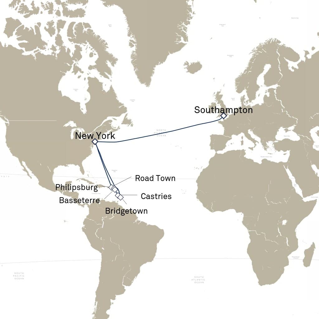 21 nights Caribbean cruise on Queen Mary 2 
from 🇺🇸 New York to 🇬🇧 Southampton 