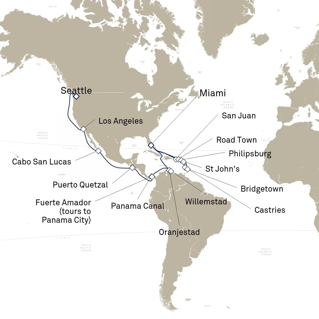 33 nights Panama canal cruise on Queen Elizabeth 
from 🇺🇸 Seattle to 🇺🇸 Miami 