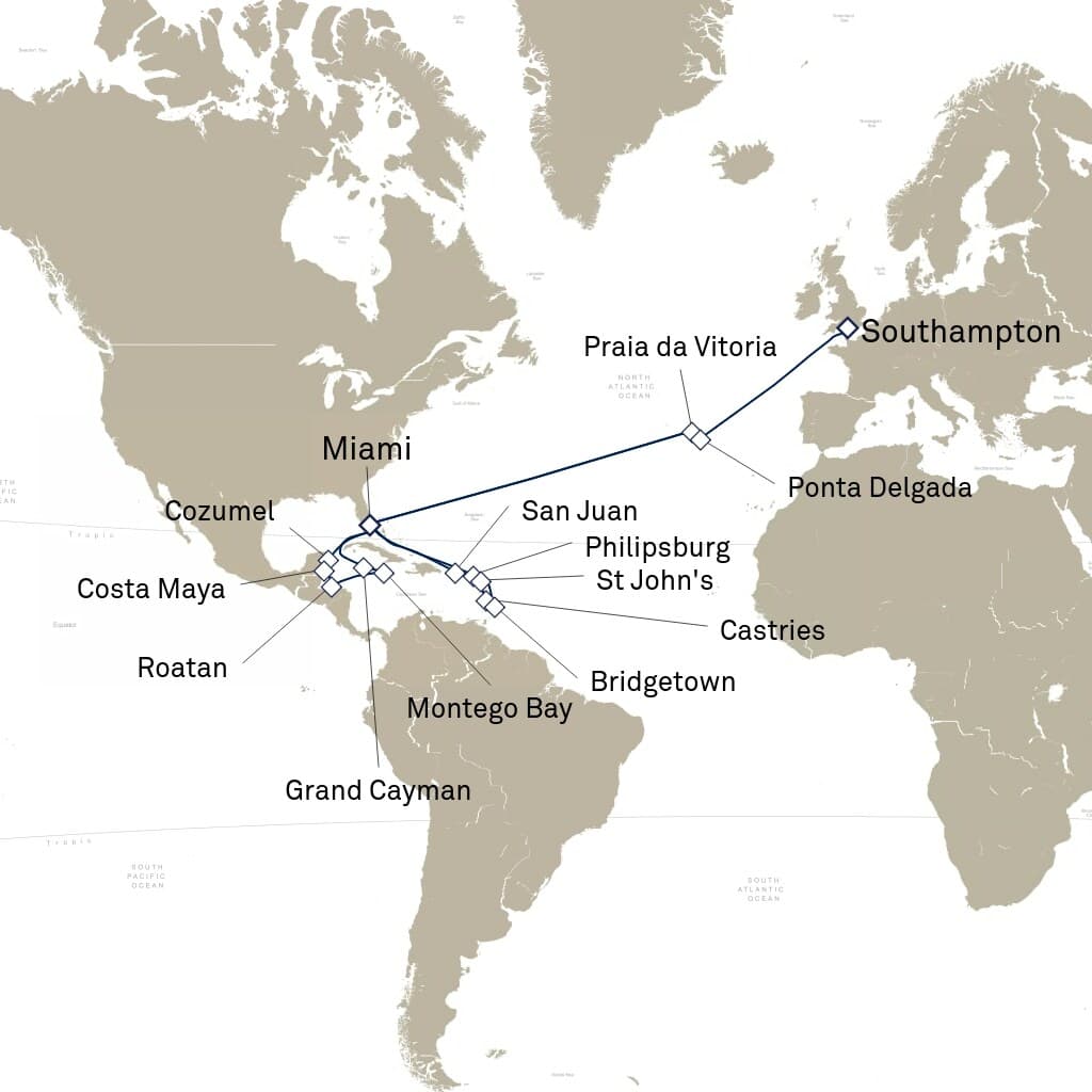 33 nights Caribbean cruise on Queen Elizabeth 
from 🇺🇸 Miami to 🇬🇧 Southampton 