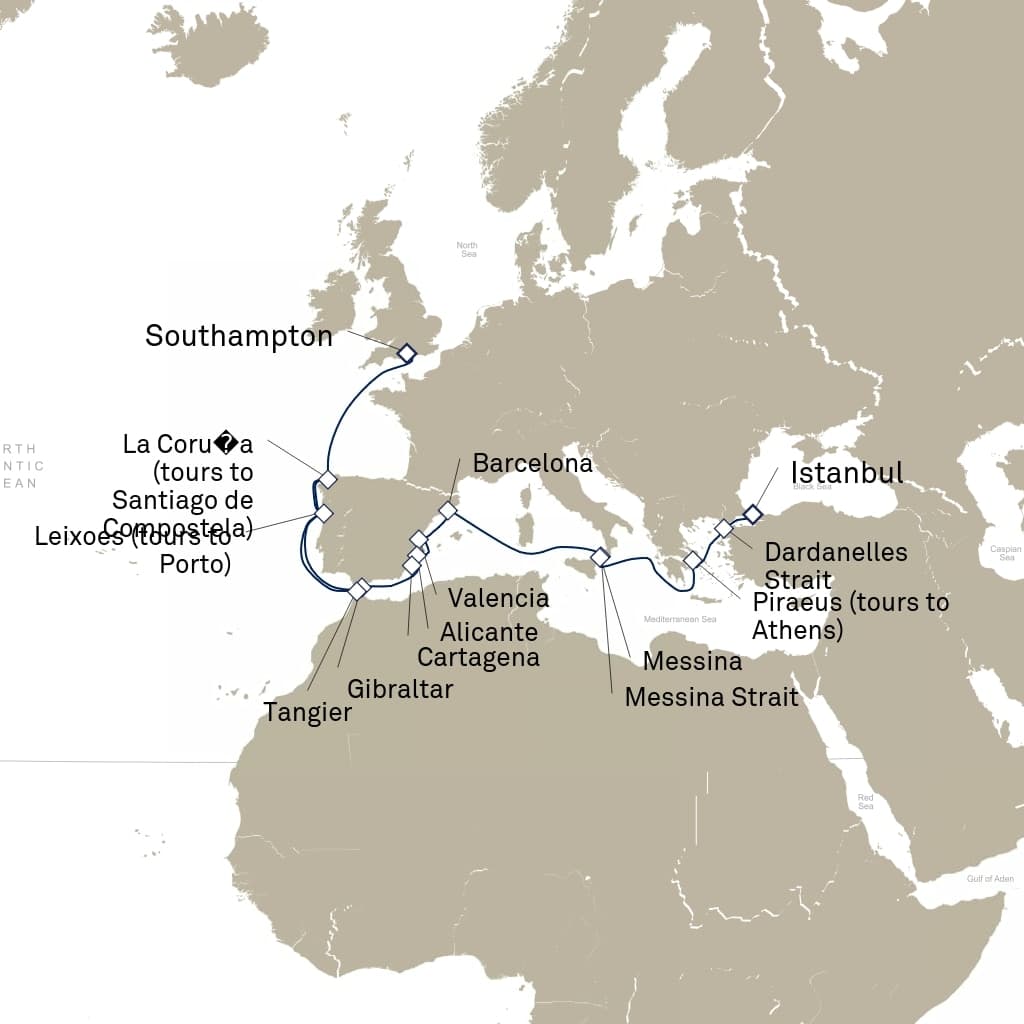 19 nights Mediterranean cruise on Queen Elizabeth 
from 🇬🇧 Southampton to 🇹🇷 Istanbul 