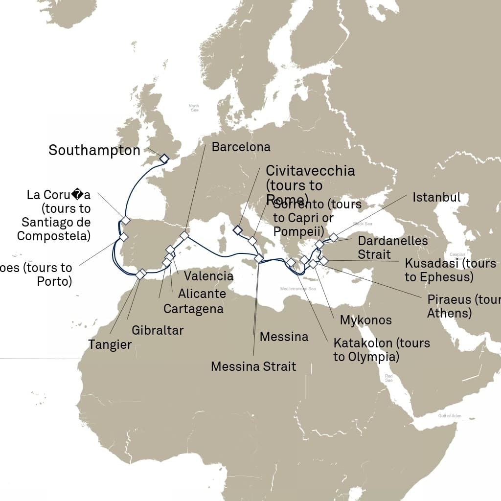 26 nights Mediterranean cruise on Queen Elizabeth
from ๐ฌ๐ง Southampton to ๐ฎ๐น Civitavecchia