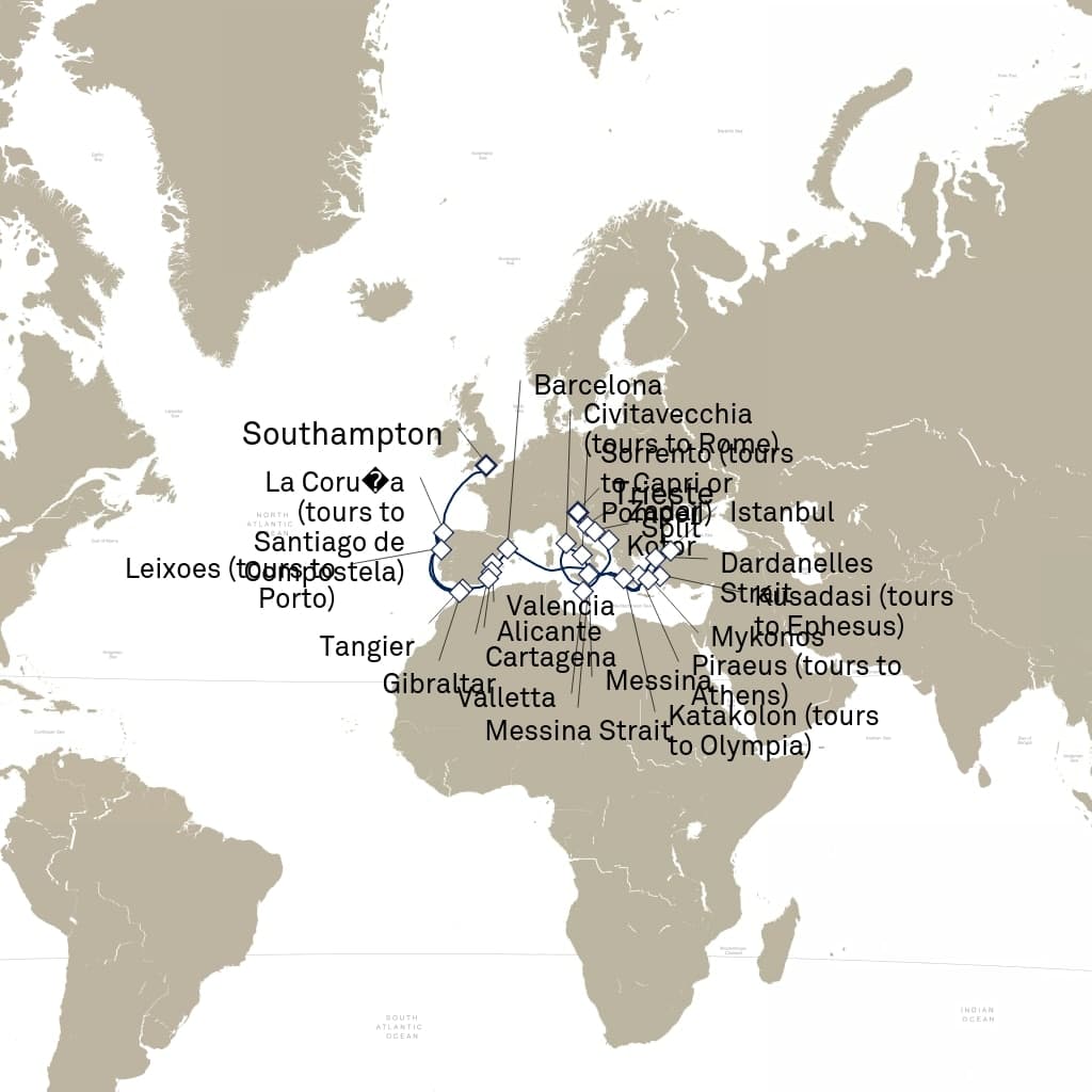 33 nights Mediterranean cruise on Queen Elizabeth
from ๐ฌ๐ง Southampton to ๐ฎ๐น Trieste