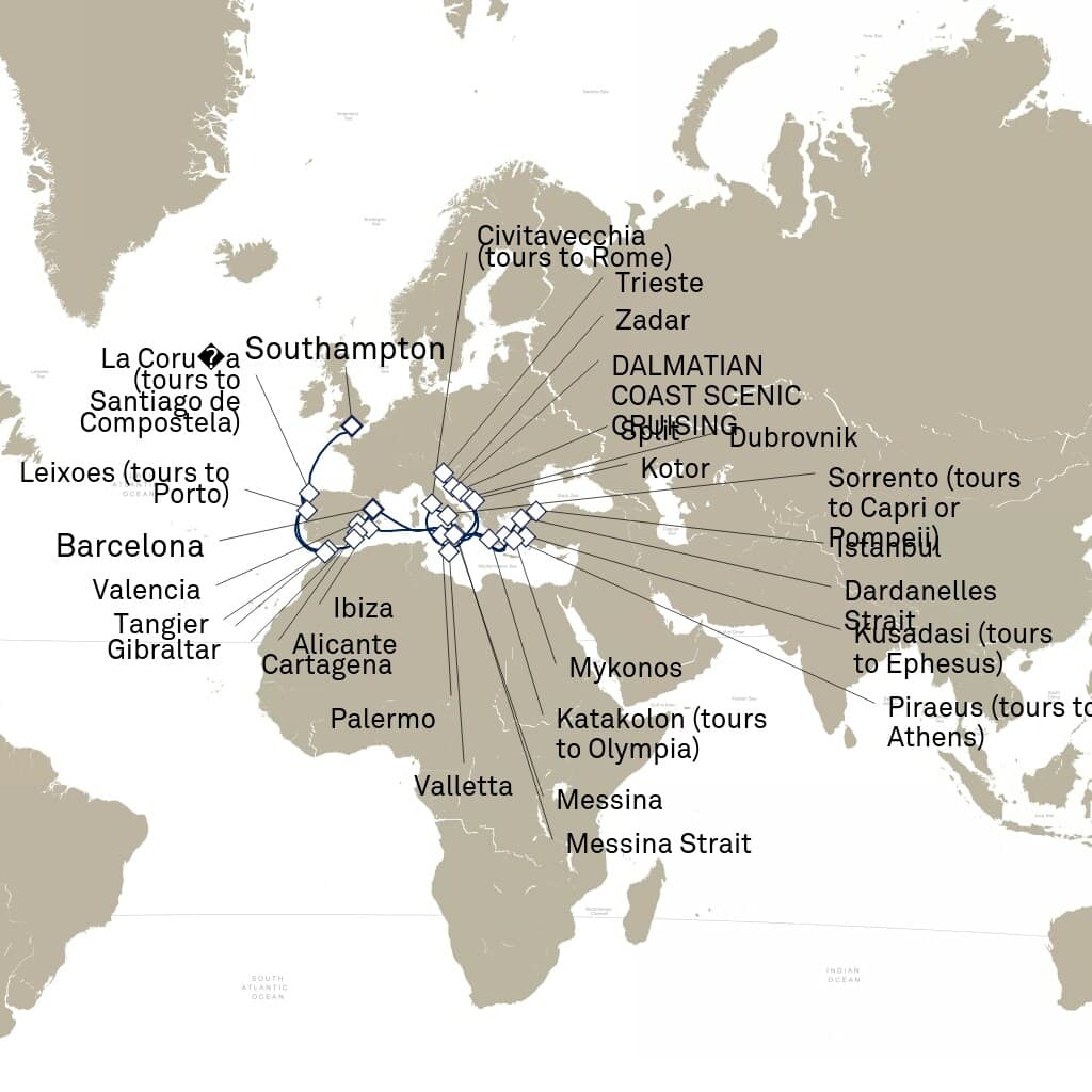 40 nights Mediterranean cruise on Queen Elizabeth
from ๐ฌ๐ง Southampton to ๐ช๐ธ Barcelona