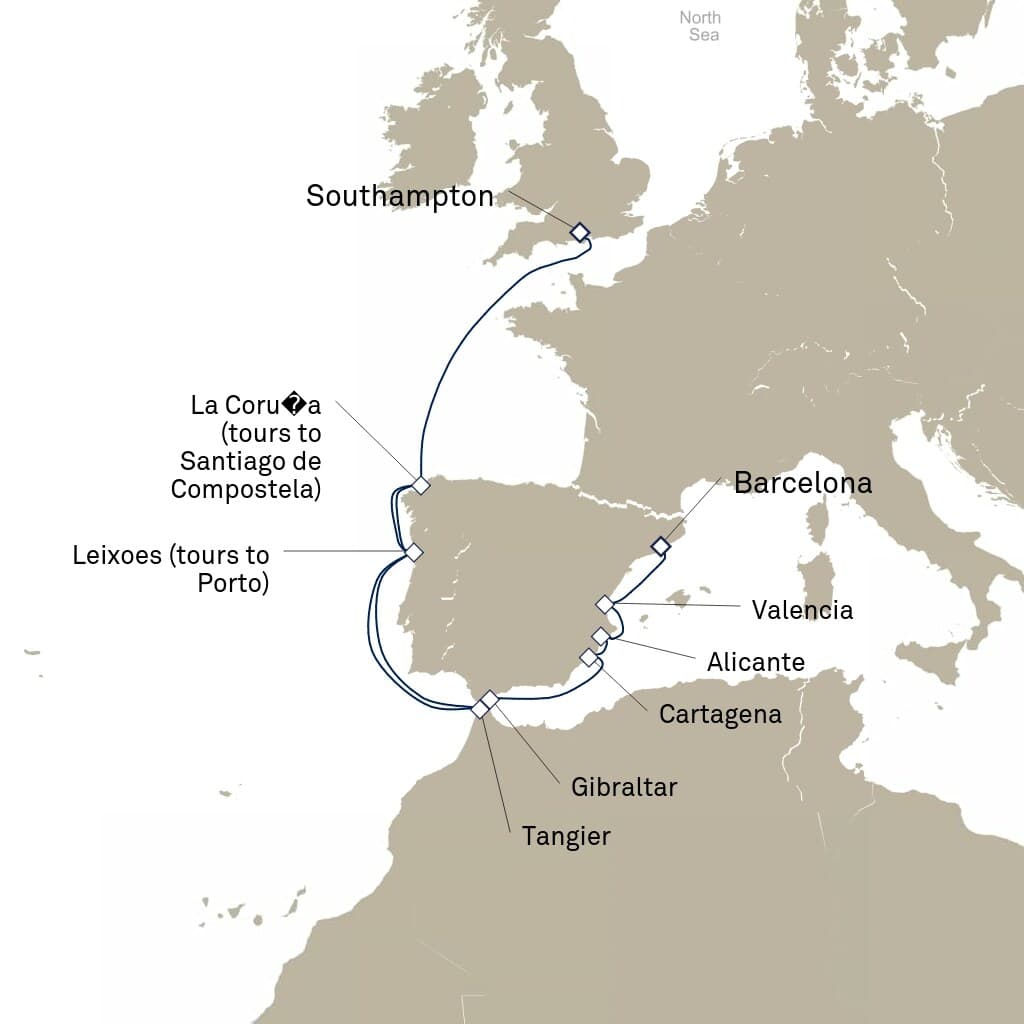 12 nights Mediterranean cruise on Queen Elizabeth 
from 🇬🇧 Southampton to 🇪🇸 Barcelona 