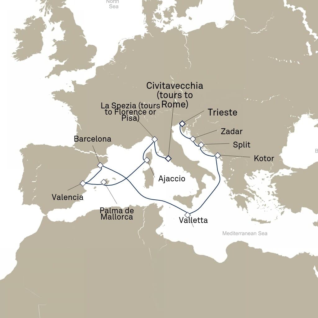 21 nights Mediterranean cruise on Queen Elizabeth 
from 🇪🇸 Barcelona to 🇮🇹 Trieste 
