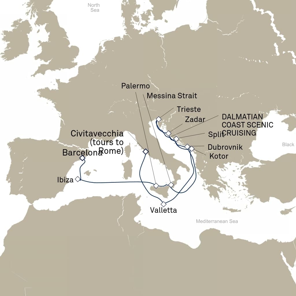 14 nights Mediterranean cruise on Queen Elizabeth 
from 🇮🇹 Civitavecchia to 🇪🇸 Barcelona 
