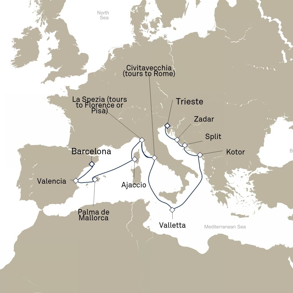14 nights Mediterranean cruise on Queen Elizabeth 
from 🇪🇸 Barcelona to 🇮🇹 Trieste 