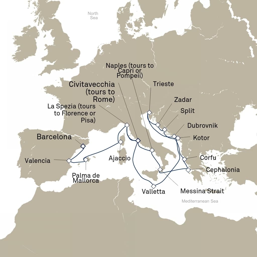 21 nights Mediterranean cruise on Queen Elizabeth 
from 🇪🇸 Barcelona to 🇮🇹 Civitavecchia 