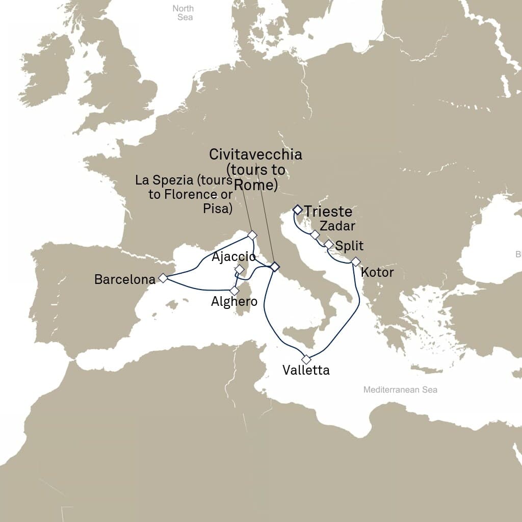 14 nights Mediterranean cruise on Queen Elizabeth
from ๐ฎ๐น Civitavecchia to ๐ฎ๐น Trieste
